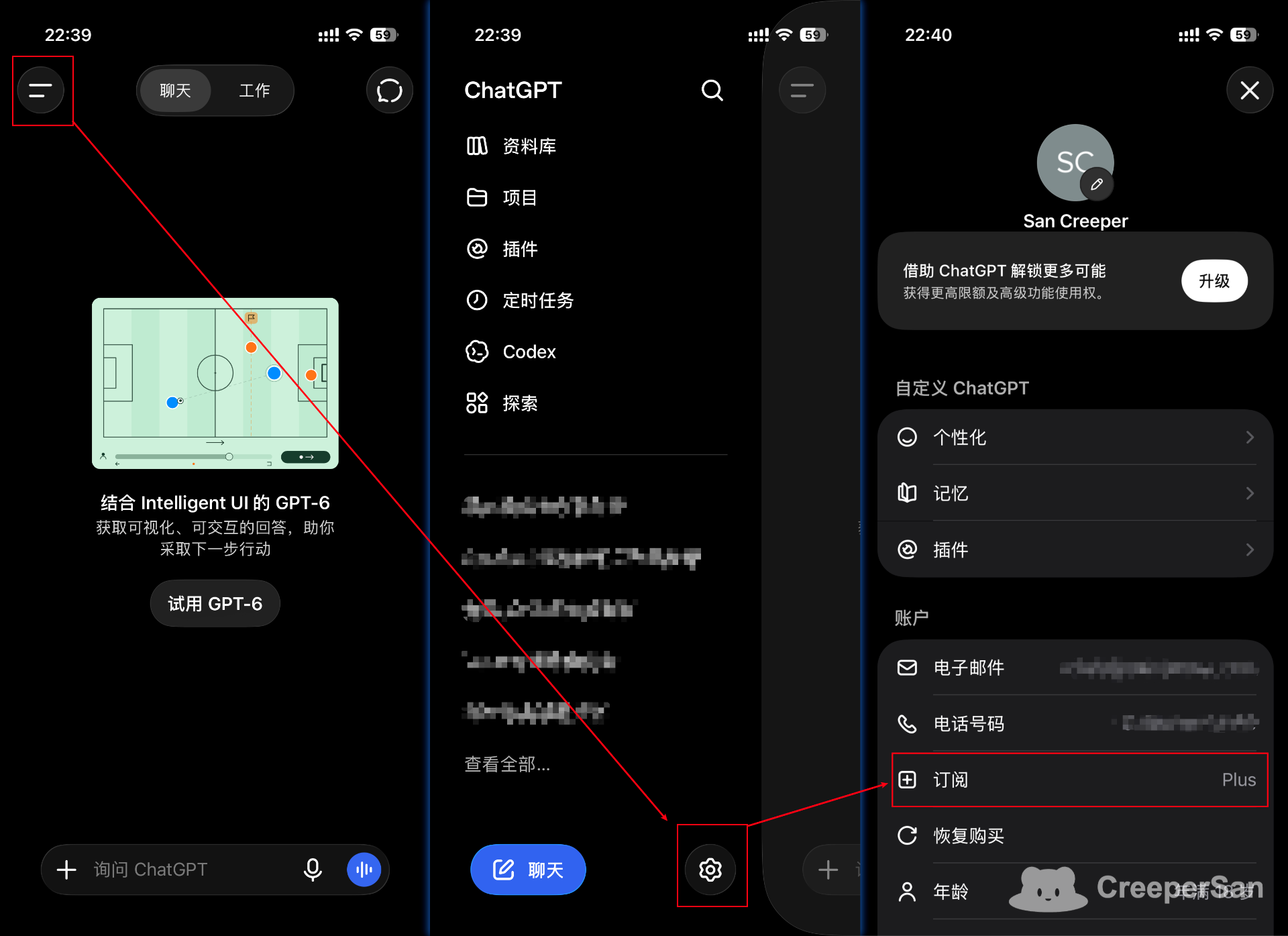 ChatGPT 设置中的升级和订阅入口